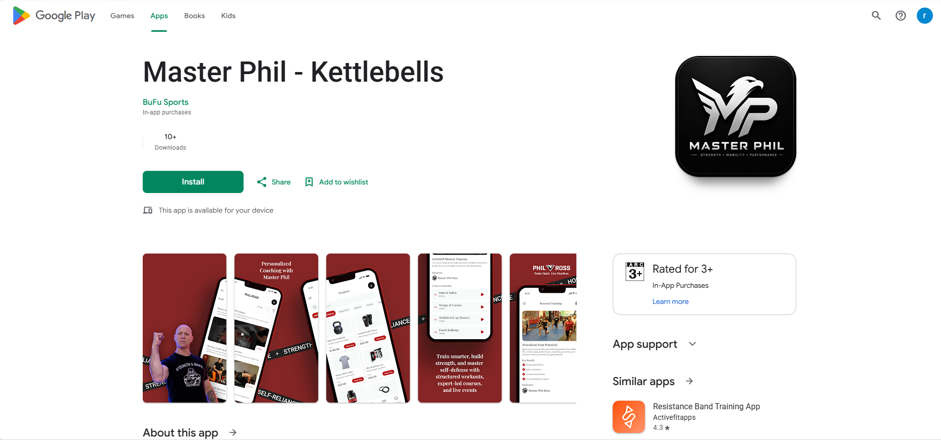 Master Phil - Kettlebells Google Play listing with workout and course screenshots