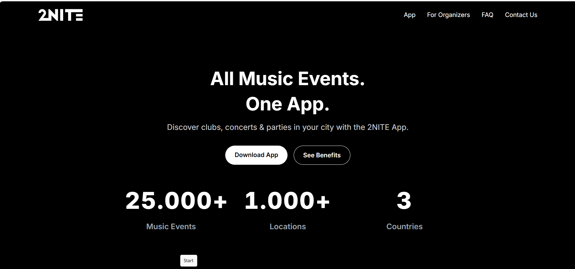 2NITE web application homepage showing music event discovery and download call to action