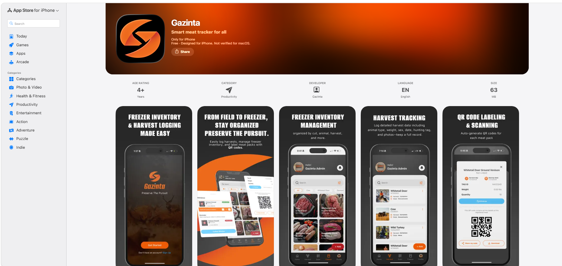 Gazinta App Store listing showing freezer inventory, harvest tracking and QR code labeling screens