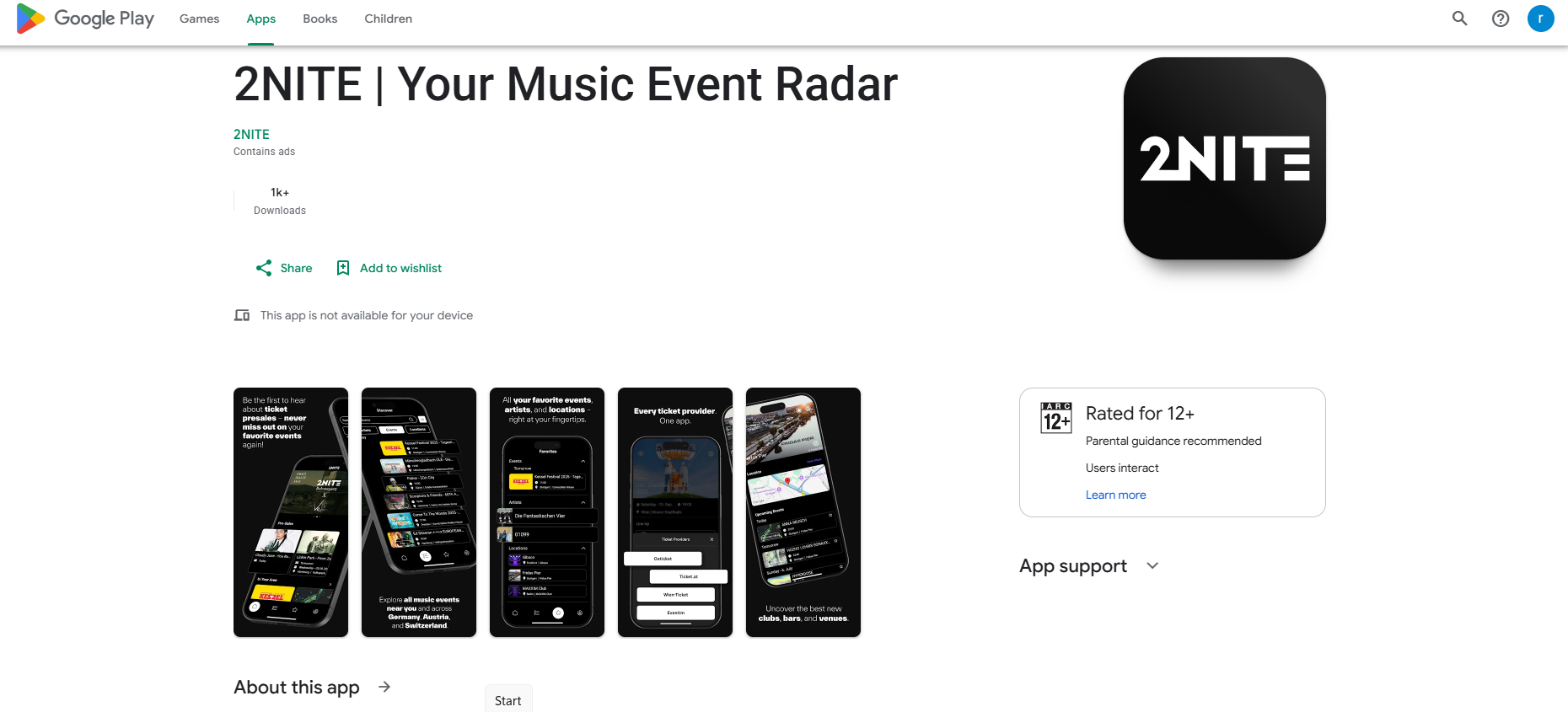 2NITE Google Play listing showing event discovery, favourites and ticket provider screens