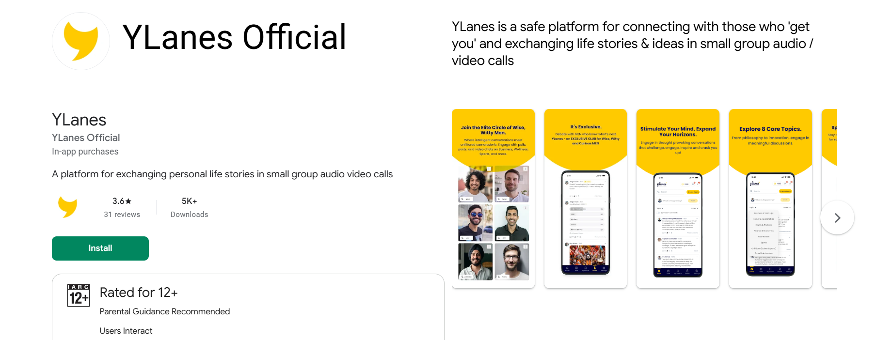 YLanes Official Google Play listing showing group audio and video call screens