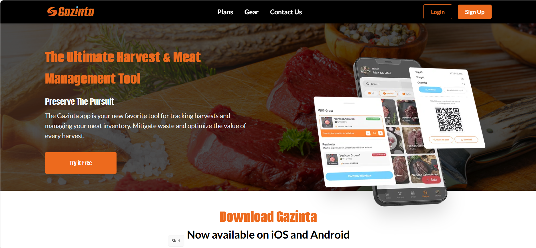Gazinta web application homepage showing harvest and meat management tool with app previews