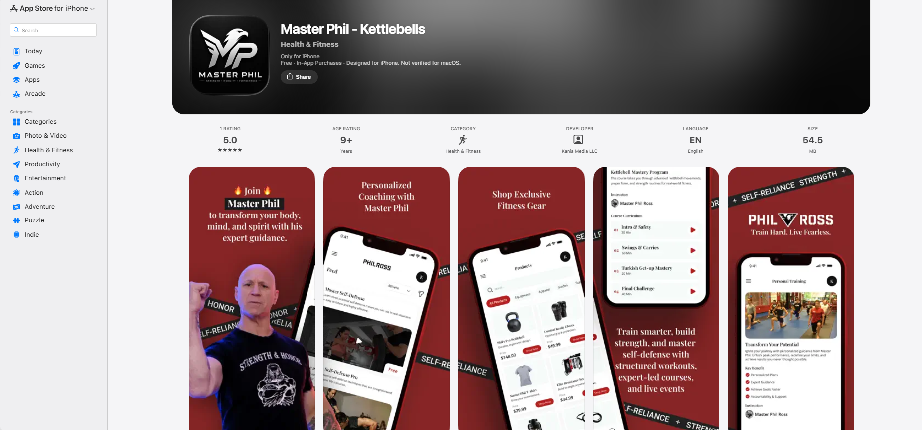 Master Phil - Kettlebells App Store listing showing training, coaching and store screens